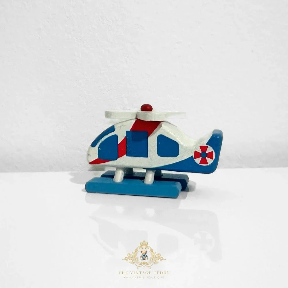 NWT Cute Mini Wooden Rescue Chopper Airplane Red, White & Blue Kids Toys Ages 5+